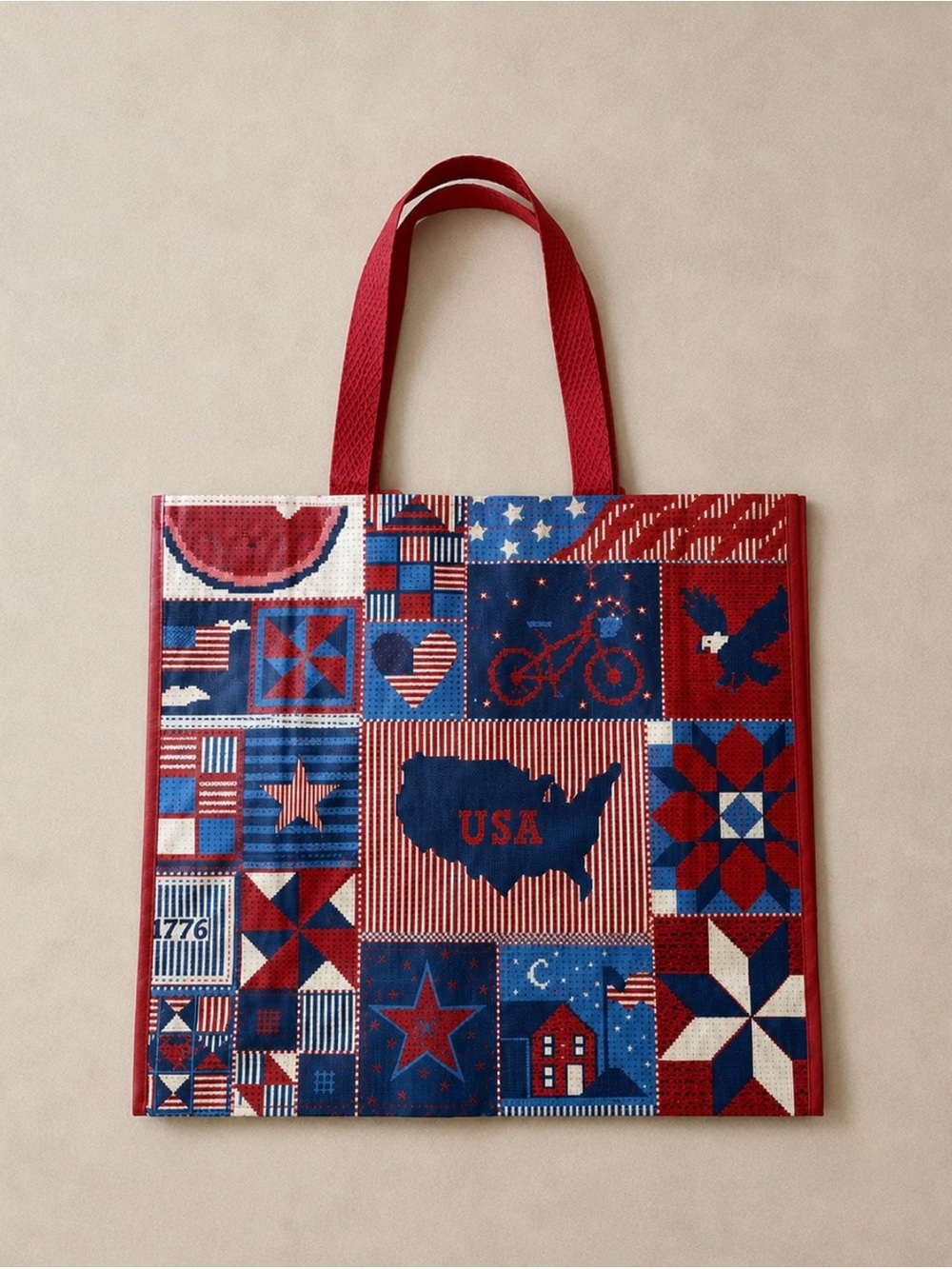 Patriotic USA patchwork print reusable tote bag